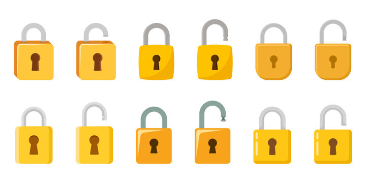 Colorful locked and unlocked padlock icon set collection in flat style. Privacy vector illustration on isolated background. Protection and secure sign business concept.