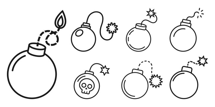 Bomb icon set collection in outline stroke flat style. Explosive bombshell vector illustration on isolated background. Grenade sign business concept.