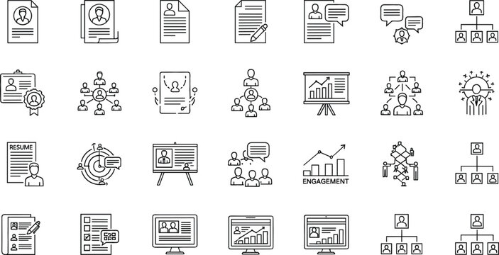 Human resources and business management line icon set featuring recruitment, employee hierarchy, team communication, performance analytics and corporate workflow elements
