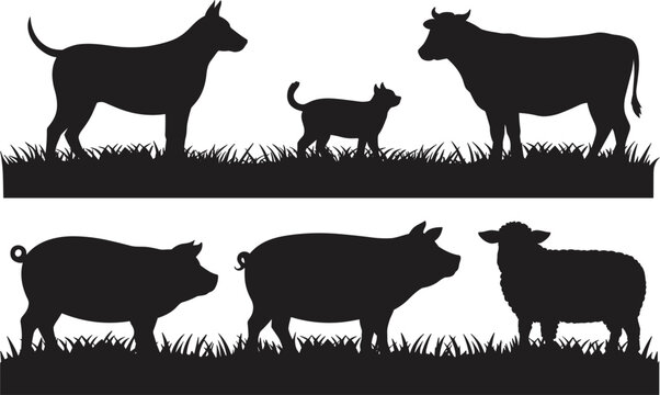 Farm animal silhouettes with cow dog pig sheep and cat, livestock animals for agriculture and rural life themes