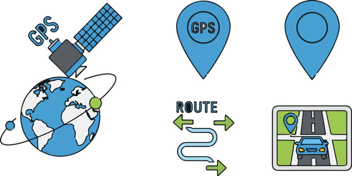 GPS navigation vector icons set, satellite orbiting earth globe, map pin location markers and car route tracking symbols for logistics
