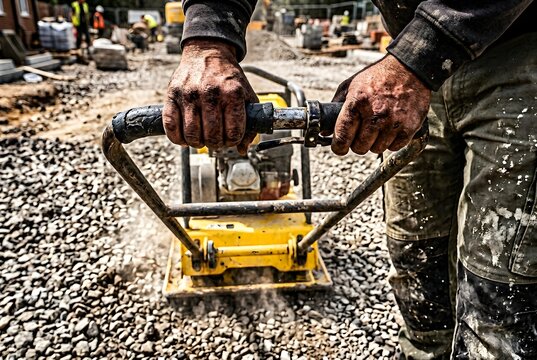 Construction worker using a yellow plate compactor to compact gravel on a new build site
