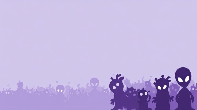Silhouettes of various alien-like creatures with glowing eyes appear against a soft purple background, a mysterious and eerie atmosphere, kid friendly colorful planet background