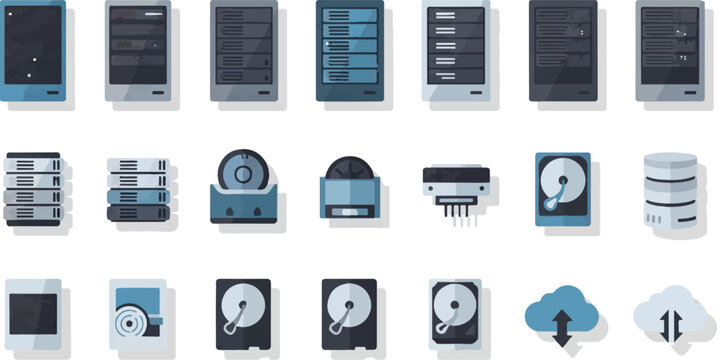 Data storage and server infrastructure icons, 21 flat vector elements for cloud computing, hard drive and database hardware set for IT networking