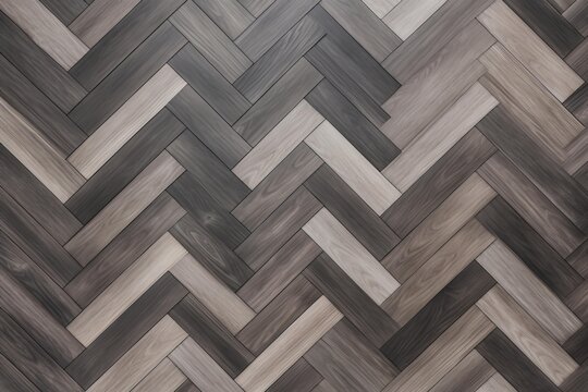 Wood planks creating a textured herringbone parquet floor pattern with varying gray and brown hues