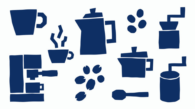 Blue coffee making icons set on white background featuring espresso machine coffee maker grinder beans and cups for beverage preparation and cafe themes