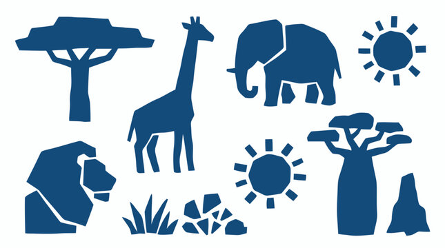 African savanna landscape with iconic animals like lion giraffe elephant baobab trees and acacia trees under a bright sun stylized graphic illustration