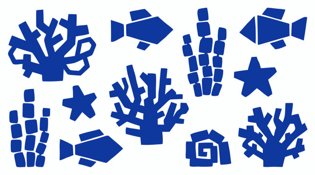 Vibrant blue abstract marine life collection featuring coral reefs, fish, and starfish on a clean white background, perfect for ocean themes and underwater designs