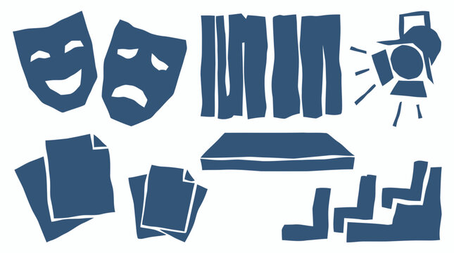 Theater icons set with drama masks stage curtains spotlight script papers and audience seats representing performing arts and entertainment concepts