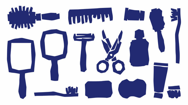 Collection of blue bathroom hygiene and grooming tools and accessories isolated on white background