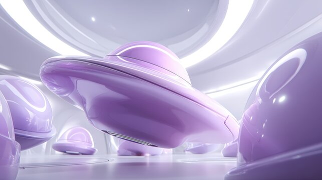 A futuristic, sleek interior with smooth, glossy purple spacecraft or pods floating inside a well-lit, white curved chamber, kid friendly colorful planet background