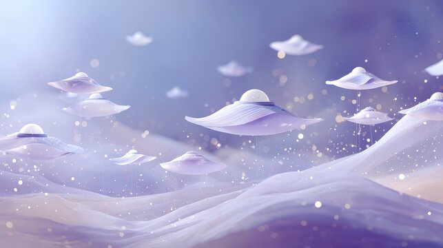Surreal purple landscape with floating, futuristic, disc-shaped objects resembling UFOs against a soft, dreamy backdrop, kid friendly colorful planet background