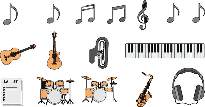 Musical instruments and notes vector set, acoustic guitar and drum kit icons, piano keyboard and saxophone illustrations for music education