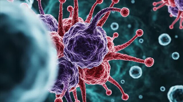 3D microscopic illustration of purple and red malignant cancer cells showing irregular morphology and protruding filaments against a dark background representing metastasis.