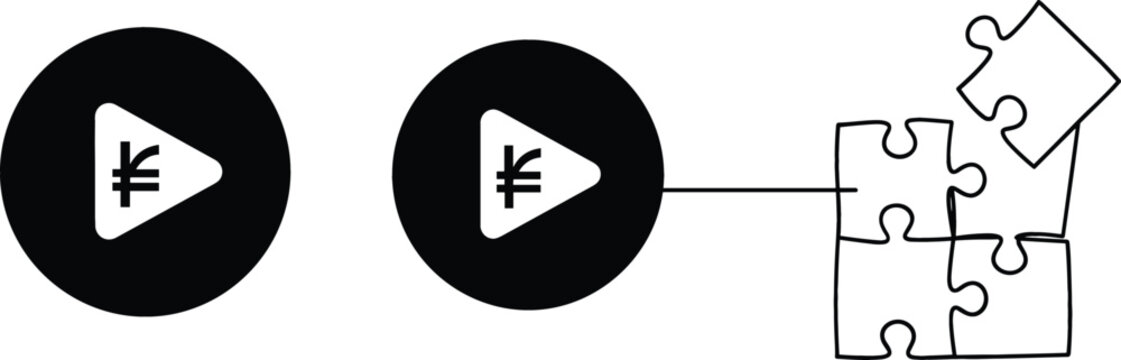 Media play buttons with currency symbols connected to puzzle pieces, monetization strategy and business integration concept, minimal outline vector illustration design