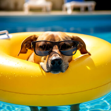 Cute dog wearing sunglasses relaxing on a yellow pool float in the water