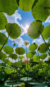 A unique low-angle perspective of vibrant pink and white lotuses blooming under a bright sunny sky surrounded by lush green lily pads