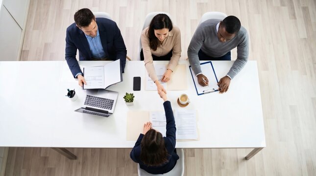 Overhead: Professional job interview handshake at a modern office table, a diverse business team welcomes a new candidate. Hiring and career success concept.