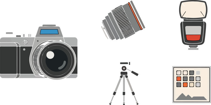 Professional photography equipment set, digital SLR camera with lens and external flash, tripod and photo gallery icons, flat vector illustration