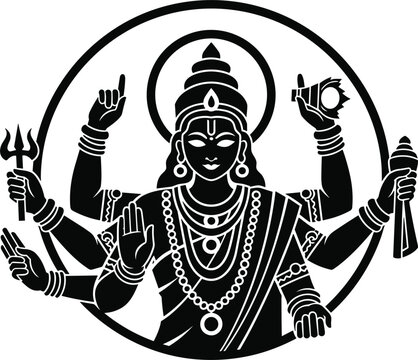 Hindu deity silhouette illustration featuring multi-armed divine figure with traditional attributes spiritual symbolism and cultural religious art vector design