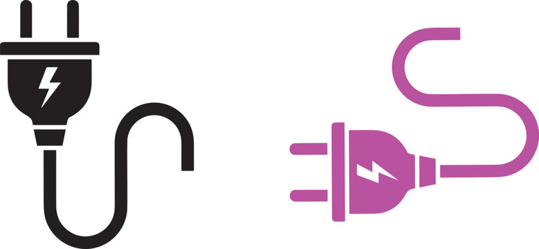 Electric plug cable icon set with lightning symbol, power connection vector illustration in black and purple modern design style