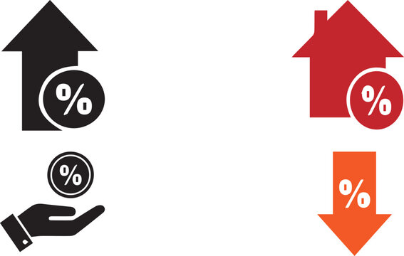 Mortgage interest rate icons with house, percentage symbols, increase decrease arrows and hand, finance loan vector illustration modern design