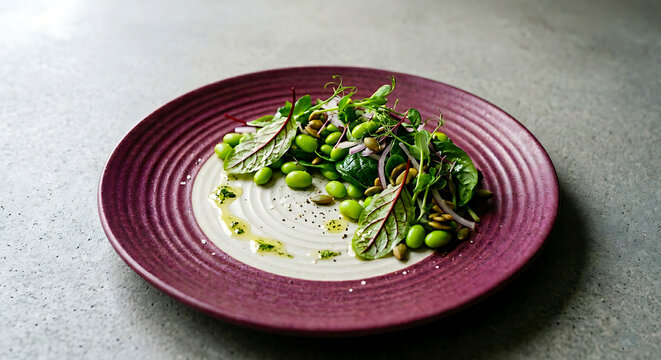 Gourmet Vegan Edamame and Red Veined Sorrel Salad on Magenta Textured Ceramic Plate. Minimalist Plant Based Fine Dining Composition with Green Herb Oil and Copy Space.
