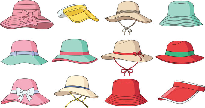 Collection of Colorful Summer Hats with Ribbons and Visors for Fashion, Beach, and Outdoor Accessories Illustrations