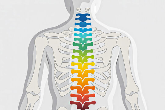 Detailed anatomical illustration of a human spine with vertebrae highlighted in a vibrant rainbow gradient showcasing the cervical thoracic and lumbar regions against a clean