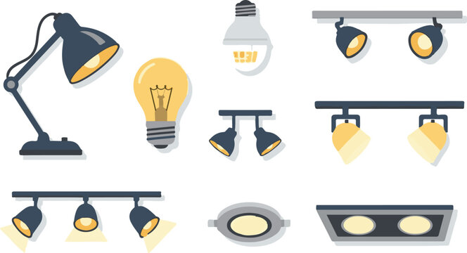 Modern lighting fixtures vector set, industrial desk lamp and incandescent light bulbs, ceiling spotlights and recessed downlight icons for interior design
