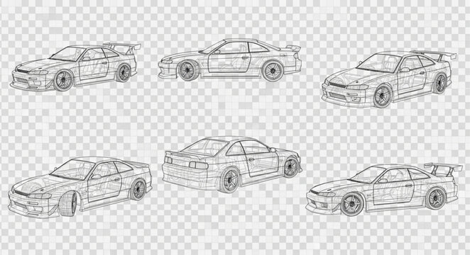 Collection of six sports car sketches on a transparent background.