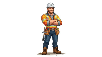 Fototapeta premium Confident Construction Worker Vector Illustration Skilled Labor Day Professional Tradesman with Tools and Safety Helmet