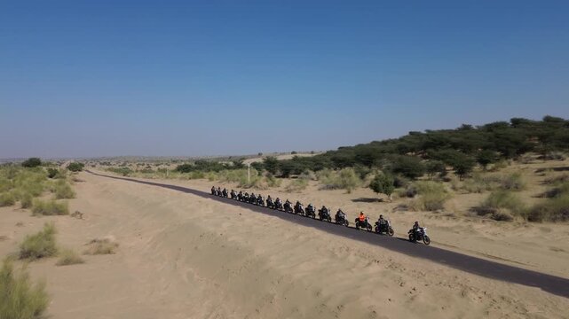 Thar desert drone shot Rajasthan with motorcycle riders
