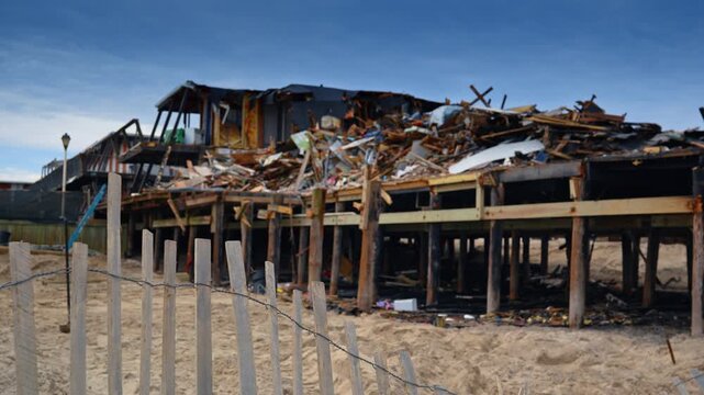 Destroyed wooden building remains on beach sand after fire disaster. Wide view of fire damaged coastal architecture with charred pilings and rubble debris against blue sky.