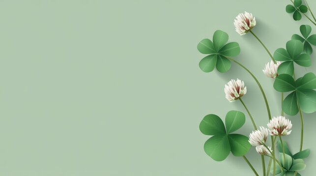 Green four-leaf clovers and white clover flowers arranged on a light green background, kid friendly green clovers background