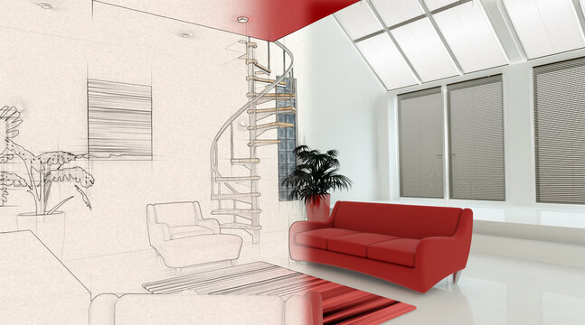 3D interior with half in sketch phase