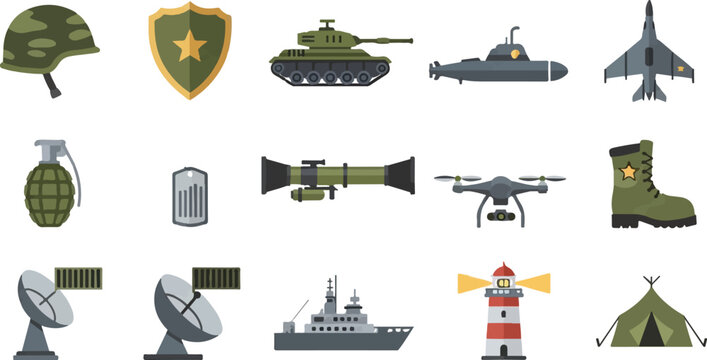 Military equipment flat vector icons set, army warfare and defense force elements, 15 tactical combat weapon and vehicle illustrations for infographics