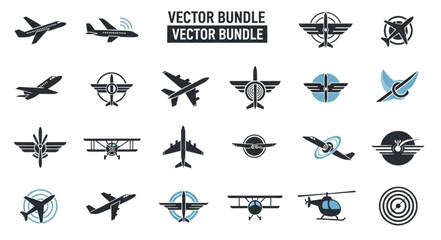Collection of various airplane and helicopter vector icons and logos. © Widi