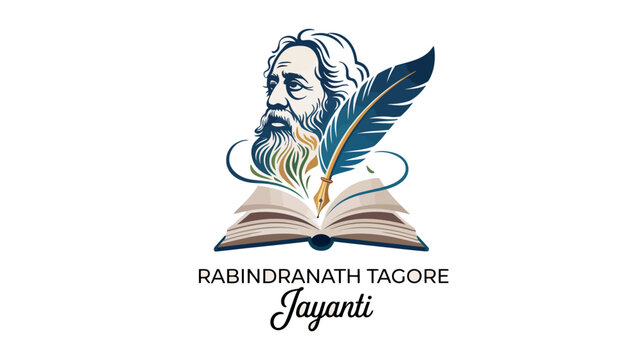 Artistic vector portrait of Rabindranath Tagore emerging from an open book with quill pen