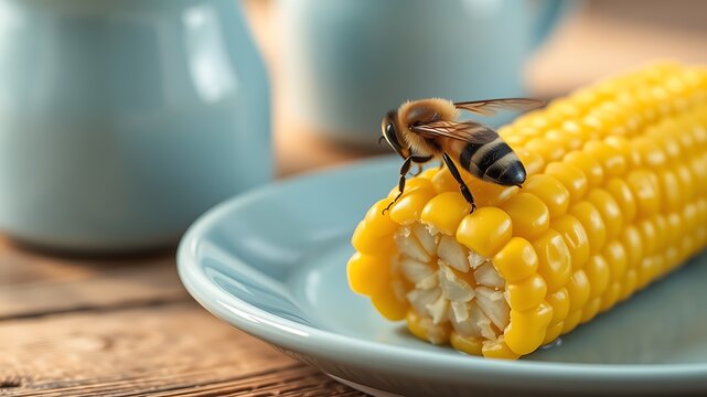 Bee on corn cob with blue dishes insect yellow