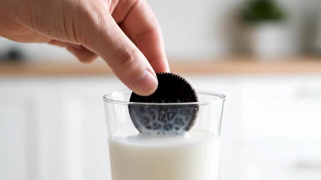 Hand Dipping Chocolate Cookie into Glass of Milk in Kitchen Setting. Suitable for milk advertisements or biscuit advertisements