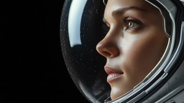 A woman looks through an astronaut helmet visor, observing space while surrounded by darkness