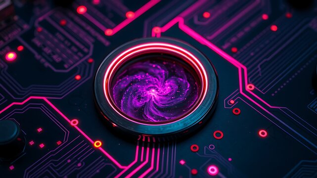 Glowing purple galaxy within a circular portal on a circuit board technology