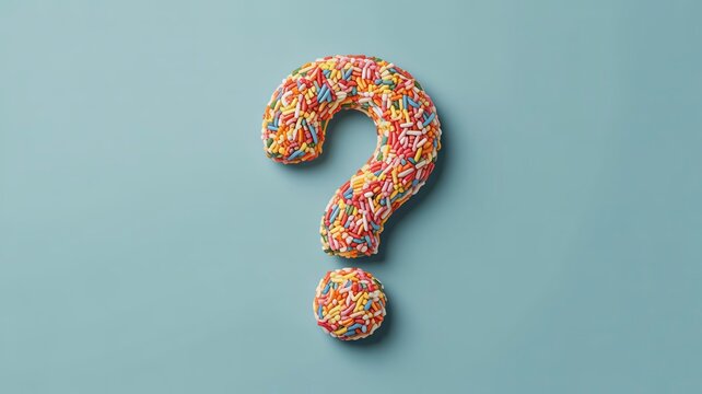 Colorful question mark, sprinkles symbol, confusion concept, dessert punctuation, sweet query