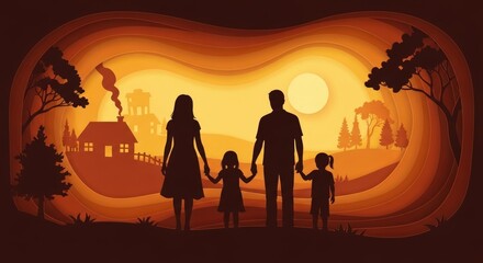 Fototapeta premium abstract background Silhouette of a happy family holding hands standing together in front of a cozy country house at sunset illustration