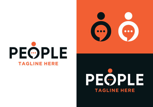 Human chat logo design with wordmark design, people talking, family together, human unity, chat bubble logo vector icon with human combination in colorful.
