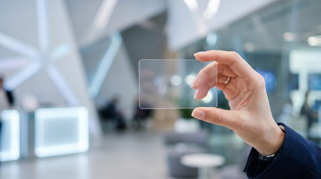 A hand holding a transparent glass or plastic rectangle in a modern office space with blurred background