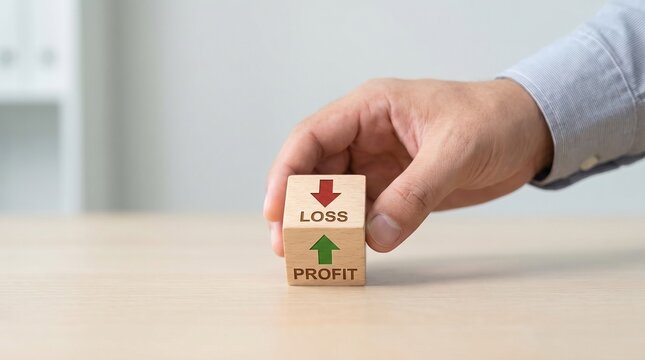 Hand flipping wooden block from loss to profit on a table in an office setting with a blurred background