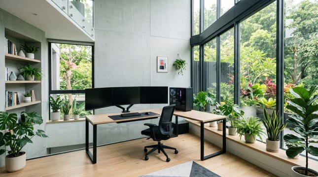 A sleek home office or gaming setup with large windows, modern furniture, and plants. The concept emphasizes workplace inspiration and productivity in stylish, gaming aesthetics. Generative AI.