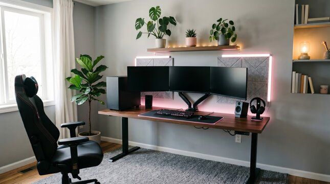A sleek home office or gaming setup with large windows, modern furniture, and plants. The concept emphasizes workplace inspiration and productivity in stylish, gaming aesthetics. Generative AI.